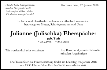 Traueranzeige von Julianne Eberspächer von Stuttgarter Zeitung / Stuttgarter Nachrichten