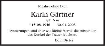 Traueranzeige von Karin Gärtner von Stuttgarter Zeitung / Stuttgarter Nachrichten