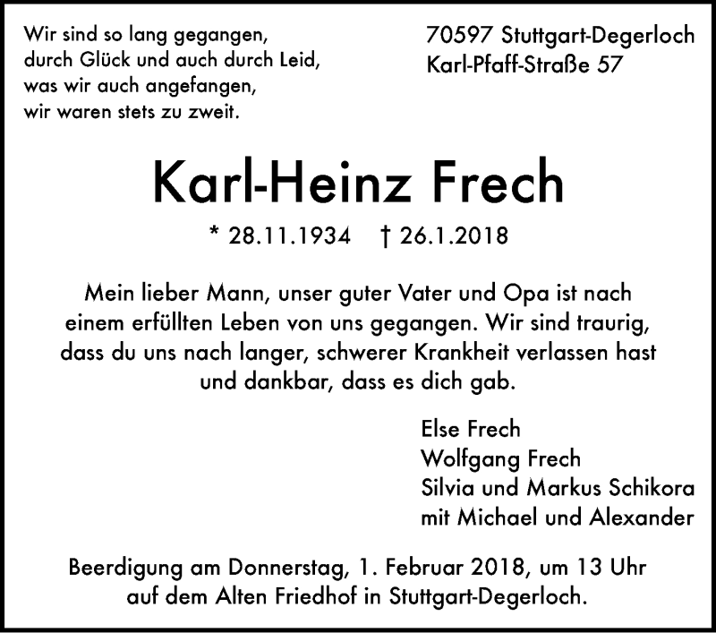  Traueranzeige für Karl-Heinz Frech vom 27.01.2018 aus Stuttgarter Zeitung / Stuttgarter Nachrichten