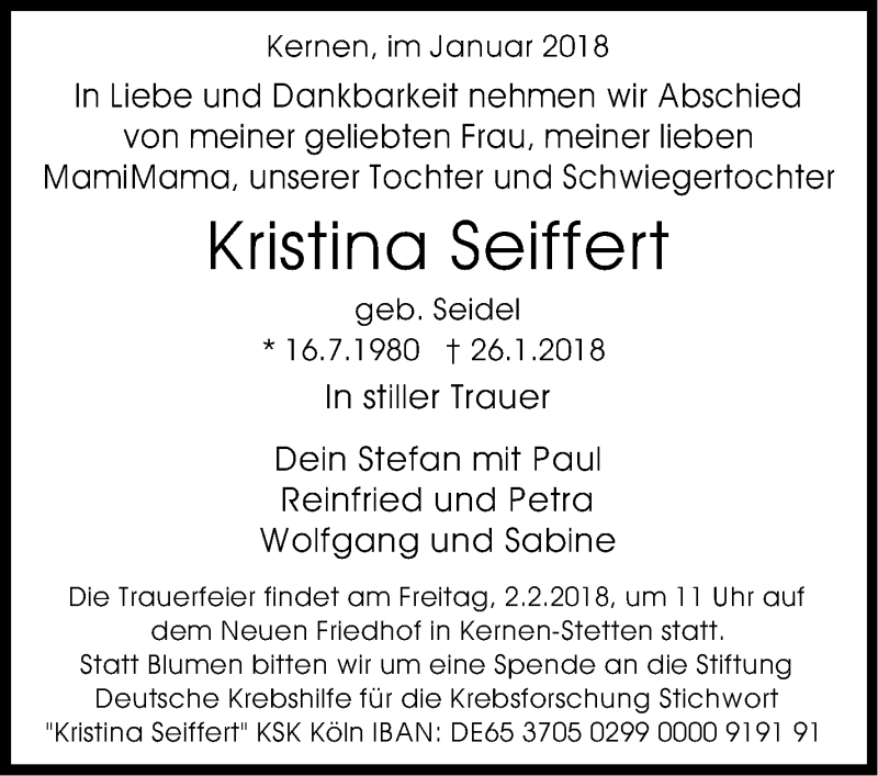  Traueranzeige für Kristina Seiffert vom 31.01.2018 aus Stuttgarter Zeitung / Stuttgarter Nachrichten