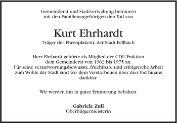 Traueranzeige von Kurt Ehrhardt von Stuttgarter Zeitung / Stuttgarter Nachrichten
