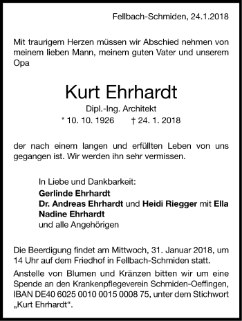 Traueranzeige von Kurt Ehrhardt von Stuttgarter Zeitung / Stuttgarter Nachrichten