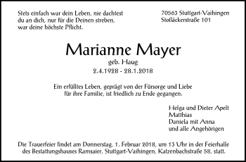 Traueranzeige von Marianne Mayer von Stuttgarter Zeitung / Stuttgarter Nachrichten