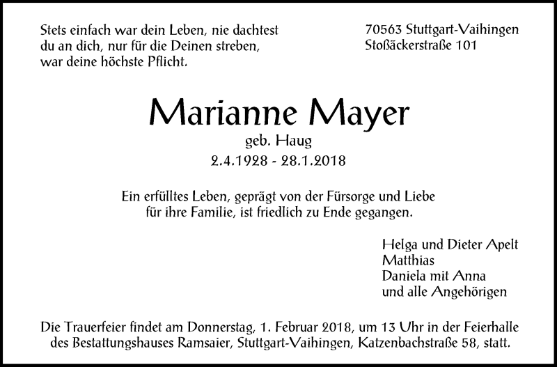  Traueranzeige für Marianne Mayer vom 30.01.2018 aus Stuttgarter Zeitung / Stuttgarter Nachrichten