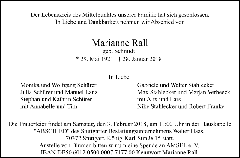  Traueranzeige für Marianne Rall vom 31.01.2018 aus Stuttgarter Zeitung / Stuttgarter Nachrichten