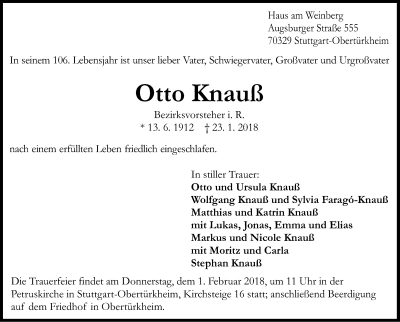  Traueranzeige für Otto Knauß vom 27.01.2018 aus Stuttgarter Zeitung / Stuttgarter Nachrichten