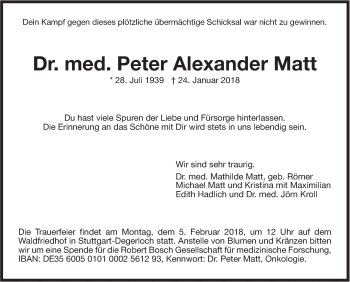 Traueranzeige von Peter Alexander Matt von Stuttgarter Zeitung / Stuttgarter Nachrichten