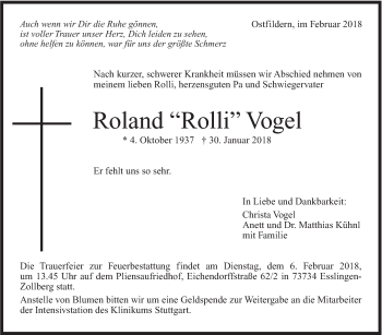 Traueranzeige von Roland Vogel von Stuttgarter Zeitung / Stuttgarter Nachrichten