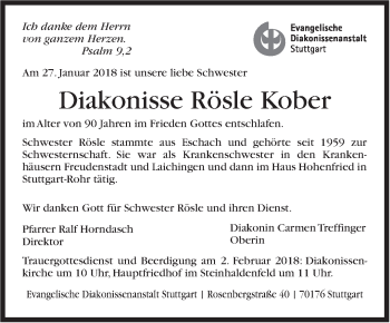 Traueranzeige von Rösle Kober von Stuttgarter Zeitung / Stuttgarter Nachrichten