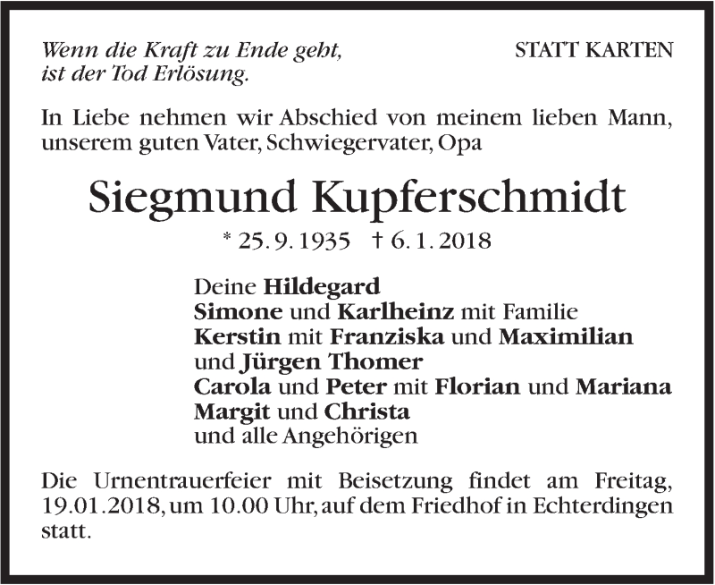  Traueranzeige für Siegmund Kupferschmidt vom 12.01.2018 aus Stuttgarter Zeitung / Stuttgarter Nachrichten