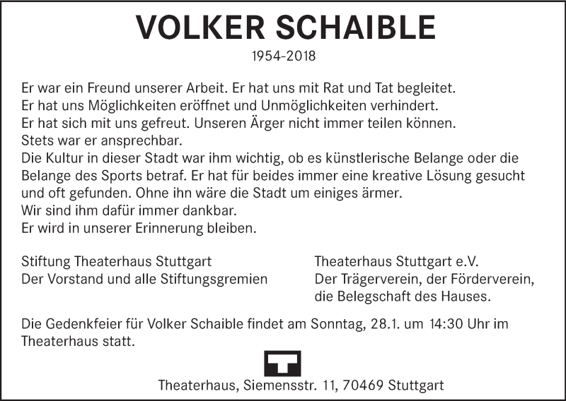  Traueranzeige für Volker Schaible vom 24.01.2018 aus Stuttgarter Zeitung / Stuttgarter Nachrichten