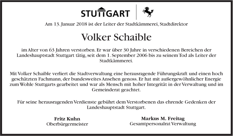  Traueranzeige für Volker Schaible vom 18.01.2018 aus Stuttgarter Zeitung / Stuttgarter Nachrichten