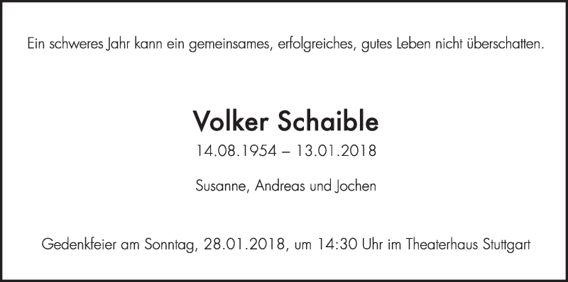  Traueranzeige für Volker Schaible vom 18.01.2018 aus Stuttgarter Zeitung / Stuttgarter Nachrichten