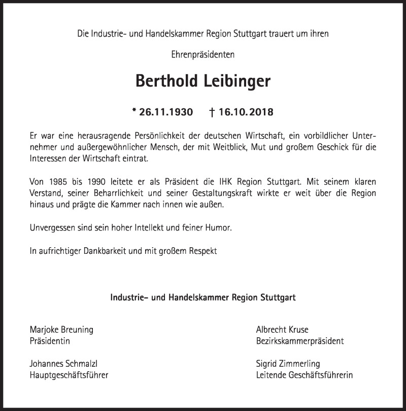  Traueranzeige für Berthold Leibinger vom 20.10.2018 aus Stuttgarter Zeitung / Stuttgarter Nachrichten