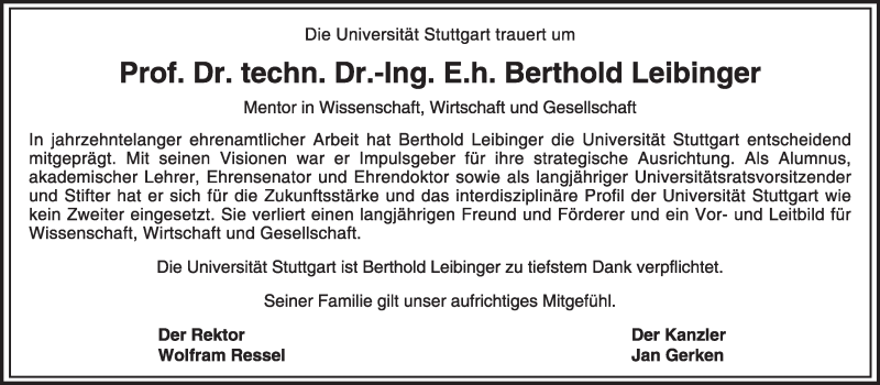  Traueranzeige für Berthold Leibinger vom 20.10.2018 aus Stuttgarter Zeitung / Stuttgarter Nachrichten