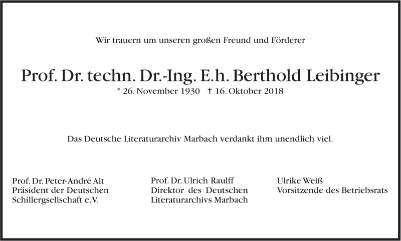 Traueranzeige für Berthold Leibinger vom 20.10.2018 aus Stuttgarter Zeitung / Stuttgarter Nachrichten