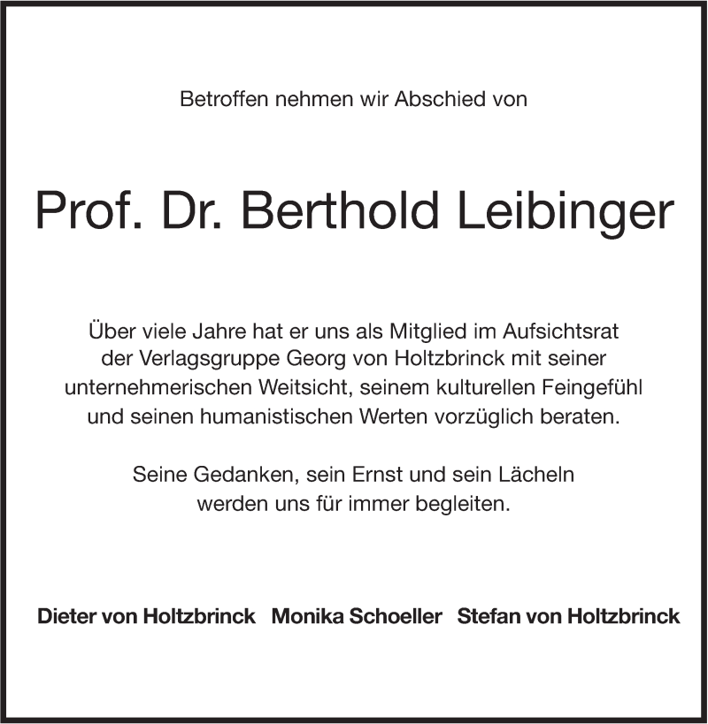  Traueranzeige für Berthold Leibinger vom 20.10.2018 aus Stuttgarter Zeitung / Stuttgarter Nachrichten