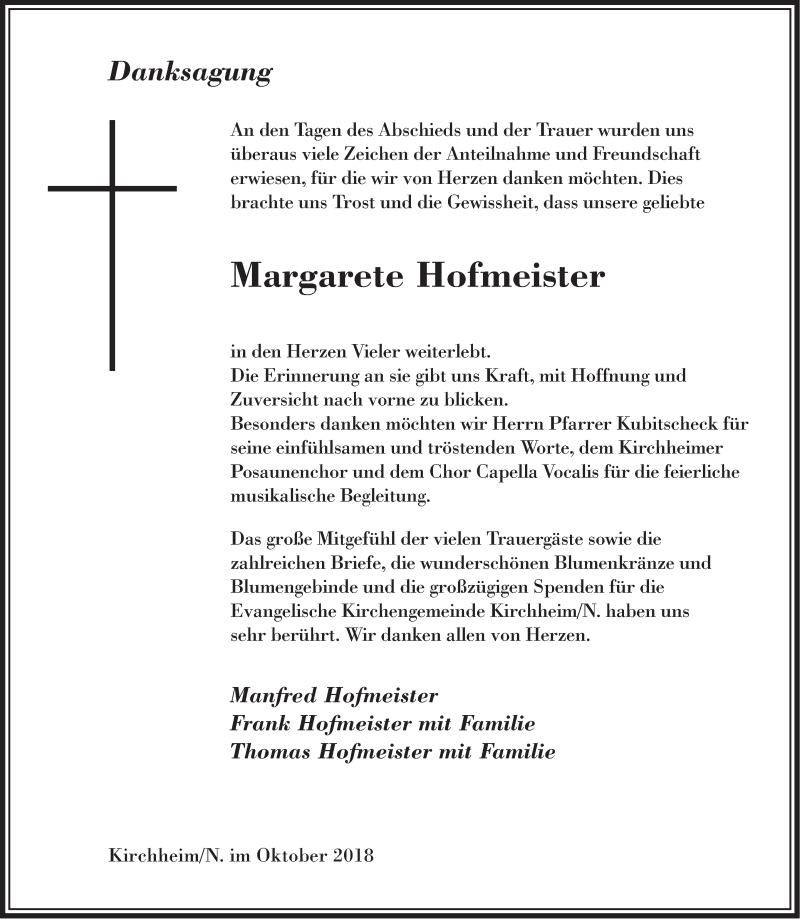  Traueranzeige für Margarete Hofmeister vom 13.10.2018 aus Stuttgarter Zeitung / Stuttgarter Nachrichten