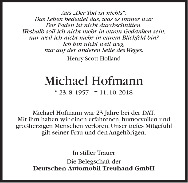  Traueranzeige für Michael Hofmann vom 20.10.2018 aus Stuttgarter Zeitung / Stuttgarter Nachrichten