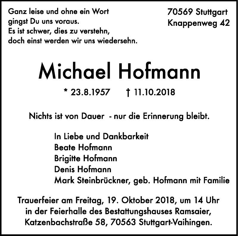  Traueranzeige für Michael Hofmann vom 13.10.2018 aus Stuttgarter Zeitung / Stuttgarter Nachrichten