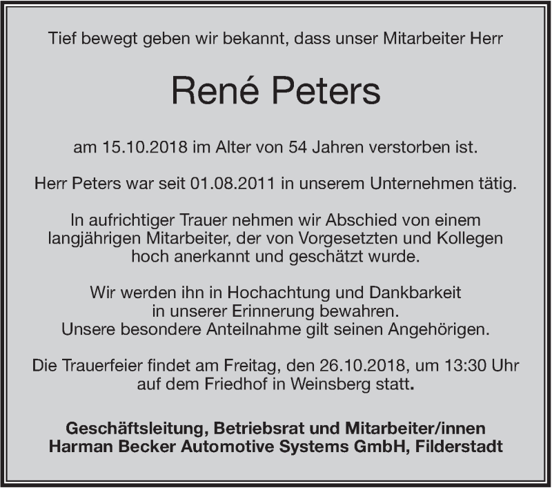  Traueranzeige für René Peters vom 23.10.2018 aus Stuttgarter Zeitung / Stuttgarter Nachrichten