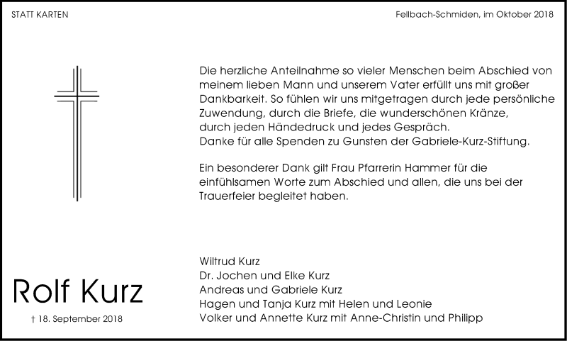  Traueranzeige für Rolf Kurz vom 06.10.2018 aus Stuttgarter Zeitung / Stuttgarter Nachrichten
