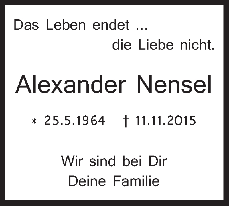  Traueranzeige für Alexander Nensel vom 10.11.2018 aus Stuttgarter Zeitung / Stuttgarter Nachrichten