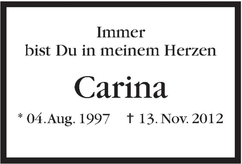  Traueranzeige für Carina  vom 13.11.2018 aus Stuttgarter Zeitung / Stuttgarter Nachrichten