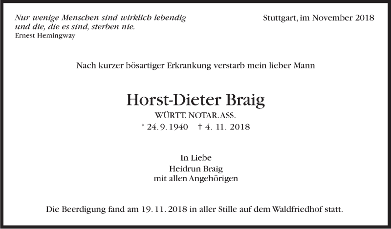  Traueranzeige für Horst-Dieter Braig vom 01.12.2018 aus Stuttgarter Zeitung / Stuttgarter Nachrichten