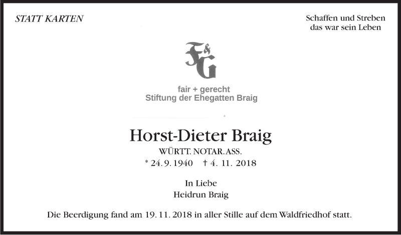  Traueranzeige für Horst-Dieter Braig vom 01.12.2018 aus Stuttgarter Zeitung / Stuttgarter Nachrichten