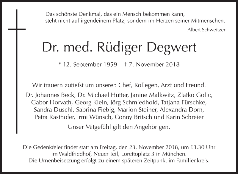  Traueranzeige für Rüdiger Degwert vom 17.11.2018 aus Stuttgarter Zeitung / Stuttgarter Nachrichten