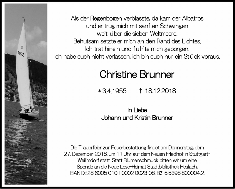  Traueranzeige für Christine Brunner vom 22.12.2018 aus Stuttgarter Zeitung / Stuttgarter Nachrichten