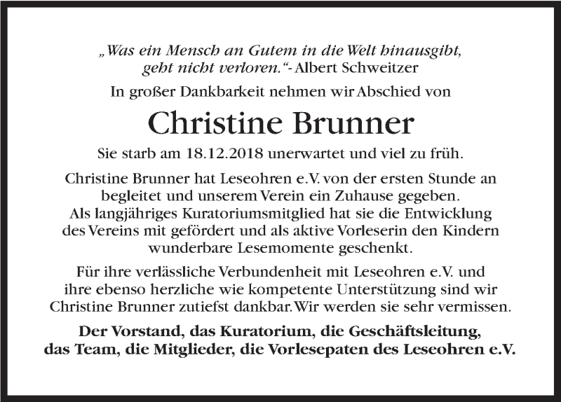  Traueranzeige für Christine Brunner vom 24.12.2018 aus Stuttgarter Zeitung / Stuttgarter Nachrichten