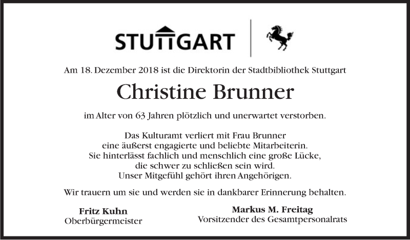  Traueranzeige für Christine Brunner vom 22.12.2018 aus Stuttgarter Zeitung / Stuttgarter Nachrichten