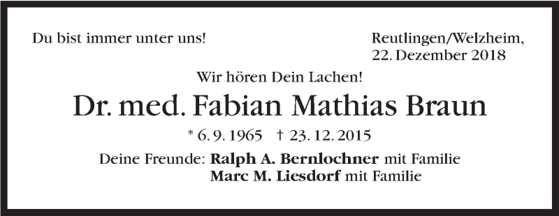  Traueranzeige für Fabian Mathias Braun vom 22.12.2018 aus Stuttgarter Zeitung / Stuttgarter Nachrichten