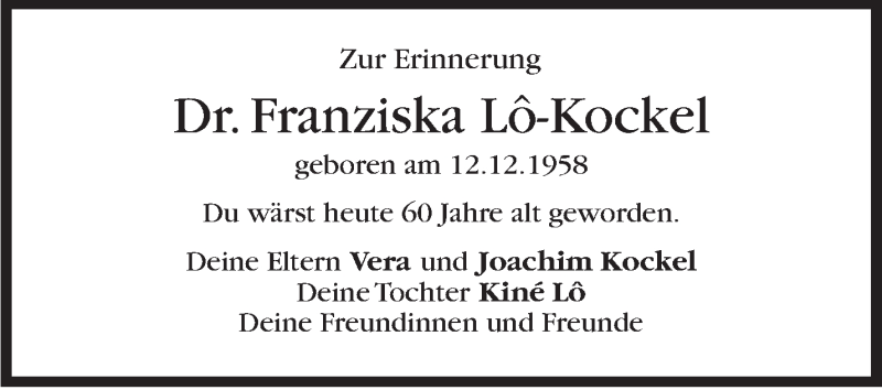  Traueranzeige für Franziska  Lo-Kockel vom 12.12.2018 aus Stuttgarter Zeitung / Stuttgarter Nachrichten