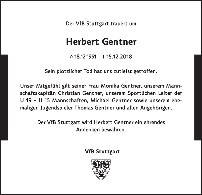 Traueranzeige für Herbert Gentner vom 19.12.2018 aus Stuttgarter Zeitung / Stuttgarter Nachrichten