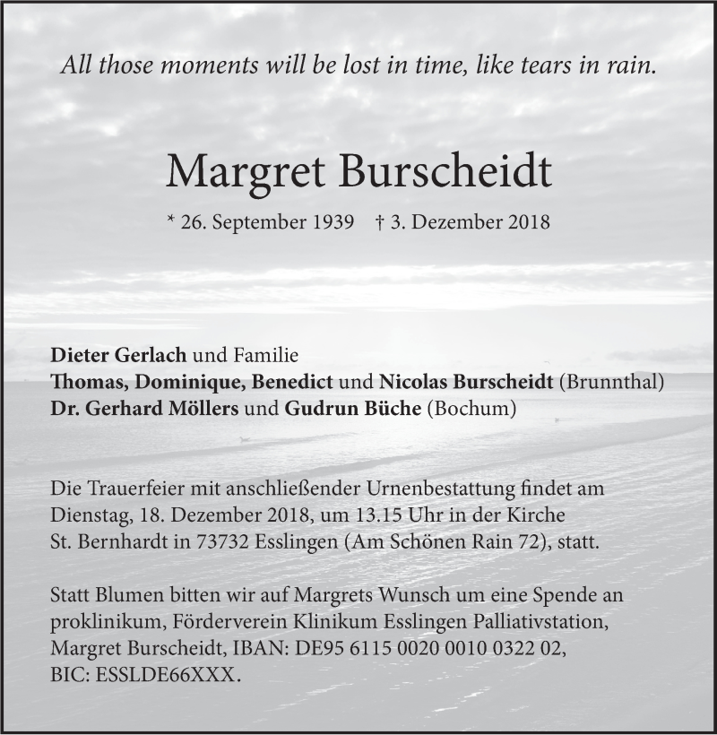  Traueranzeige für Margret Burscheidt vom 13.12.2018 aus Stuttgarter Zeitung / Stuttgarter Nachrichten