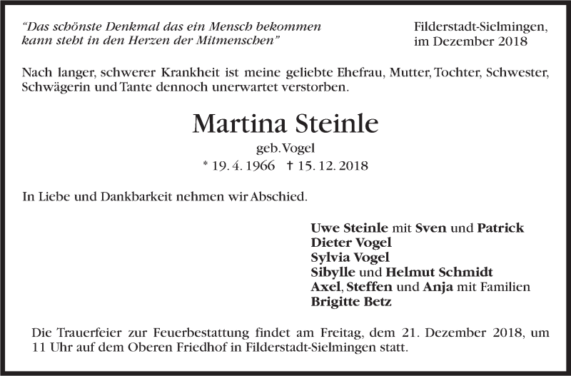  Traueranzeige für Martina Steinle vom 19.12.2018 aus Stuttgarter Zeitung / Stuttgarter Nachrichten
