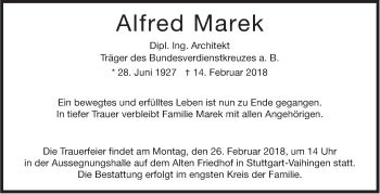 Traueranzeige von Alfred Marek von Stuttgarter Zeitung / Stuttgarter Nachrichten
