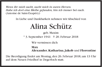 Traueranzeige von Alina Schütz von Stuttgarter Zeitung / Stuttgarter Nachrichten