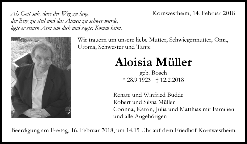  Traueranzeige für Aloisia Müller vom 14.02.2018 aus Stuttgarter Zeitung / Stuttgarter Nachrichten