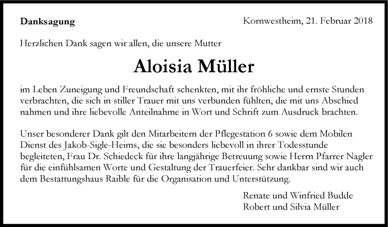  Traueranzeige für Aloisia Müller vom 21.02.2018 aus Stuttgarter Zeitung / Stuttgarter Nachrichten