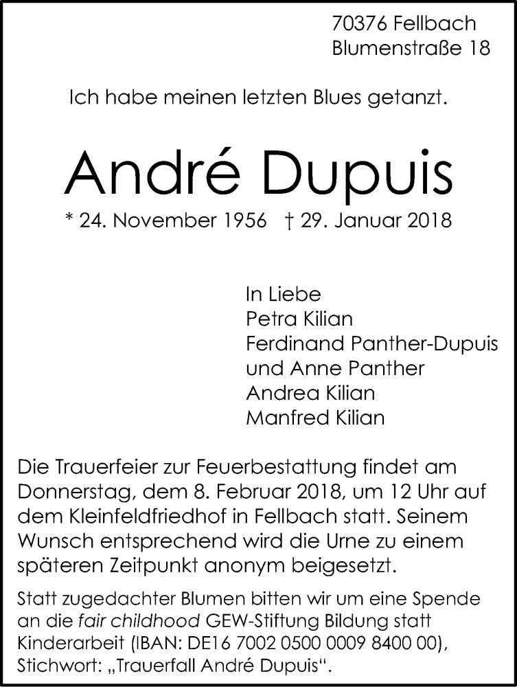  Traueranzeige für André Dupuis vom 03.02.2018 aus Stuttgarter Zeitung / Stuttgarter Nachrichten