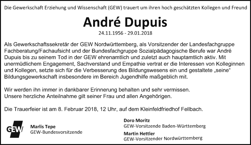  Traueranzeige für André Dupuis vom 03.02.2018 aus Stuttgarter Zeitung / Stuttgarter Nachrichten