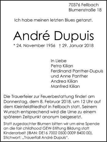 Traueranzeige von André Dupuis von Stuttgarter Zeitung / Stuttgarter Nachrichten