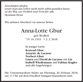 Traueranzeige von Anna-Lotte Gbur von Stuttgarter Zeitung / Stuttgarter Nachrichten