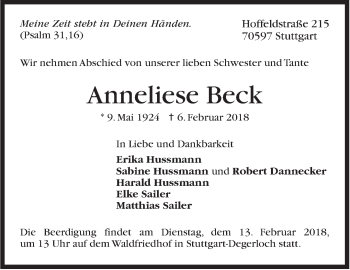 Traueranzeige von Anneliese Beck von Stuttgarter Zeitung / Stuttgarter Nachrichten