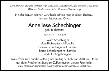 Traueranzeige von Anneliese Schechinger von Stuttgarter Zeitung / Stuttgarter Nachrichten