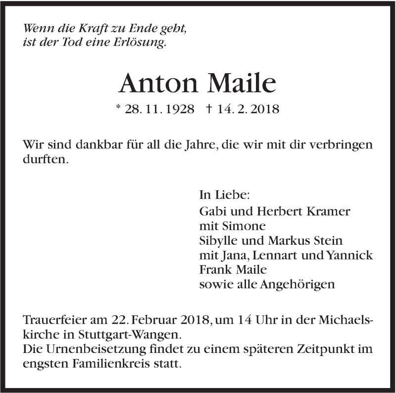  Traueranzeige für Anton Maile vom 20.02.2018 aus Stuttgarter Zeitung / Stuttgarter Nachrichten